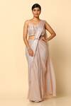 Buy_Meenagurnam_Pink Lycra, Net Embroidery Square Neck Shimmer Pre-draped Saree With Blouse _at_Aza_Fashions