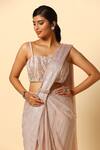 Shop_Meenagurnam_Pink Lycra, Net Embroidery Square Neck Shimmer Pre-draped Saree With Blouse _Online_at_Aza_Fashions
