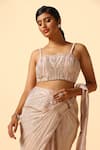 Shop_Meenagurnam_Pink Lycra, Net Embroidery Square Neck Shimmer Pre-draped Saree With Blouse _at_Aza_Fashions