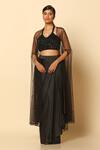 Buy_MeenaGurnam_Black Imported Satin Embroidered Bead V Neck Embellished Cape Draped Skirt Set _at_Aza_Fashions