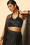 Shop_MeenaGurnam_Black Imported Satin Embroidered Bead V Neck Embellished Cape Draped Skirt Set _at_Aza_Fashions