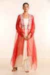 Buy_Garo_Peach Silk Muslin Embroidery Floral Hand Jacket Draped Skirt Set _at_Aza_Fashions
