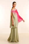 Garo_Green Silk Muslin Embroidery Floral Asymmetric Neck Ombre Tunic With Palazzo _at_Aza_Fashions