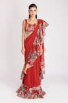 Buy_Aisha Rao_Red Organza, Georgette Floral Print Ruffle Pre-stitched Saree With Blouse _at_Aza_Fashions