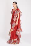Aisha Rao_Red Organza, Georgette Floral Print Ruffle Pre-stitched Saree With Blouse _Online_at_Aza_Fashions