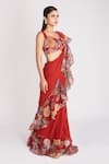 Buy_Aisha Rao_Red Organza, Georgette Floral Print Ruffle Pre-stitched Saree With Blouse _Online_at_Aza_Fashions