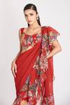 Shop_Aisha Rao_Red Organza, Georgette Floral Print Ruffle Pre-stitched Saree With Blouse _Online_at_Aza_Fashions