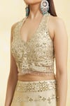 Buy_Vandana Sethi_Ivory Dupion Silk Embroidered Mirror Work V Neck Floral Bridal Lehenga Set _Online_at_Aza_Fashions