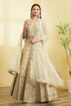 Shop_Vandana Sethi_Ivory Dupion Silk Embroidered Mirror Work V Neck Floral Bridal Lehenga Set _Online_at_Aza_Fashions