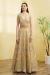 Vandana Sethi_Gold Organza Embroidered Mirror And Gota Work V Neck & Bridal Lehenga Set _Online_at_Aza_Fashions