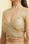 Buy_Vandana Sethi_Gold Organza Embroidered Mirror And Gota Work V Neck & Bridal Lehenga Set _Online_at_Aza_Fashions