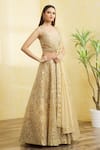 Shop_Vandana Sethi_Gold Organza Embroidered Mirror And Gota Work V Neck & Bridal Lehenga Set _Online_at_Aza_Fashions