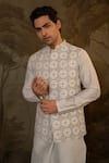 Darshika Menswear_Blue Cotton Silk Embroidered Geometric Thread Bundi Kurta Set _Online_at_Aza_Fashions