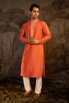 Buy_Darshika Menswear_Coral Viscose Embroidered Geometric Placket Kurta With Pant _at_Aza_Fashions