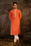 Shop_Darshika Menswear_Coral Viscose Embroidered Geometric Placket Kurta With Pant _at_Aza_Fashions