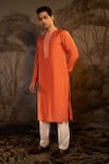 Buy_Darshika Menswear_Coral Viscose Embroidered Geometric Placket Kurta With Pant _Online_at_Aza_Fashions