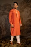 Shop_Darshika Menswear_Coral Viscose Embroidered Geometric Placket Kurta With Pant _Online_at_Aza_Fashions