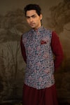 Buy_Darshika Menswear_Blue Viscose Printed Floral Bundi Kurta Set_Online_at_Aza_Fashions
