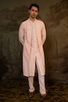 Darshika Menswear_Pink Cotton Silk Embroidered Criss Cross Jacket Kurta With Pant _Online_at_Aza_Fashions