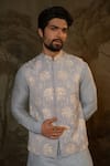 Darshika Menswear_Blue Suiting Fabric Embroidered Foliage Bundi Kurta Set _Online_at_Aza_Fashions