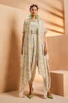Buy_Aneesh Agarwaal_Blue Crepe Embroidery Round Neck Botanical Print Dhoti Jumpsuit With Cape _at_Aza_Fashions