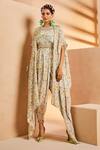 Buy_Aneesh Agarwaal_Blue Crepe Embroidery Round Neck Botanical Print Dhoti Jumpsuit With Cape _Online_at_Aza_Fashions