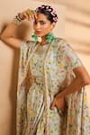 Aneesh Agarwaal_Blue Crepe Embroidery Round Neck Botanical Print Dhoti Jumpsuit With Cape _at_Aza_Fashions
