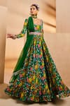 Aneesh Agarwaal_Green Organza Cut Work, Embroidery, Floral Hand Painted Anarkali With Dupatta _Online_at_Aza_Fashions