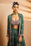 Buy_Aneesh Agarwaal_Green Chiffon Beads, Embroidery Sweetheart Neck, Chintz Print Jacket Skirt Set 