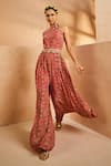 Aneesh Agarwaal_Red Chiffon Embroidery Halter Neck Bohemian Hand Painted Jumpsuit With Belt _Online_at_Aza_Fashions