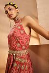 Shop_Aneesh Agarwaal_Red Chiffon Embroidery Halter Neck Bohemian Hand Painted Jumpsuit With Belt _Online_at_Aza_Fashions