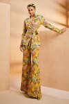 Buy_Aneesh Agarwaal_Yellow Chiffon Embroidery Garden Print Blazer And Flared Pant Set _at_Aza_Fashions