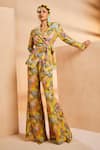 Aneesh Agarwaal_Yellow Chiffon Embroidery Garden Print Blazer And Flared Pant Set _Online_at_Aza_Fashions