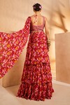 Shop_Aneesh Agarwaal_Magenta Chinnon Printed Floral Square Neck Lehenga Saree With Blouse_at_Aza_Fashions