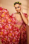 Shop_Aneesh Agarwaal_Magenta Chinnon Printed Flower Cape Open Skirt Set _Online_at_Aza_Fashions