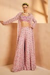 Buy_Aneesh Agarwaal_Pink Chiffon Embroidery, Mirrors Square Neck, Botanical Print Jacket Palazzo Set _at_Aza_Fashions