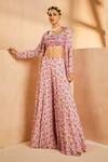 Buy_Aneesh Agarwaal_Pink Chiffon Embroidery, Mirrors Square Neck, Botanical Print Jacket Palazzo Set _Online_at_Aza_Fashions