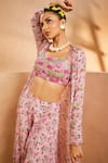 Aneesh Agarwaal_Pink Chiffon Embroidery, Mirrors Square Neck, Botanical Print Jacket Palazzo Set _at_Aza_Fashions