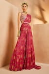 Aneesh Agarwaal_Pink Chinnon Hand Painted Print Botanical Pre-stitched Sharara Saree With Blouse_Online_at_Aza_Fashions