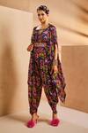 Buy_Aneesh Agarwaal_Purple Chiffon Mirrors, Stones, Embroidery Printed Dhoti Jumpsuit With Cape _at_Aza_Fashions