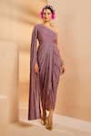 Buy_Aneesh Agarwaal_Purple Crepe Sequins, Embroidery One Shoulder Ikkat Print Draped Dhoti Dress _at_Aza_Fashions