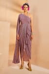 Aneesh Agarwaal_Purple Crepe Sequins, Embroidery One Shoulder Ikkat Print Draped Dhoti Dress _Online_at_Aza_Fashions