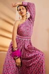 Shop_Aneesh Agarwaal_Purple Chinon Printed Ikkat Pattern One Shoulder Jumpsuit With Belt _Online_at_Aza_Fashions