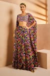 Buy_Aneesh Agarwaal_Purple Crepe Mirrors, Embroidery Foliage Botanical Print Wrap Skirt Cape Set _at_Aza_Fashions