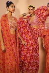 Aneesh Agarwaal_Pink Crepe Embroidery, Mirrors Bandeau Neck Tie Dye Print Twisted Skirt Cape Set _Online_at_Aza_Fashions