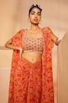 Buy_Aneesh Agarwaal_Pink Crepe Embroidery, Mirrors Bandeau Neck Tie Dye Print Twisted Skirt Cape Set 