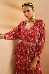 Buy_Aneesh Agarwaal_Red Chiffon Embroidery, Tassels, Beads Floral Pattern Peplum Top And Palazzo Set _Online_at_Aza_Fashions
