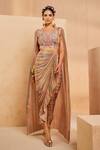 Buy_Aneesh Agarwaal_Multi Color Crepe Sequins, Embroidery Boho Striped Print Cape Blouse And Skirt Set _at_Aza_Fashions
