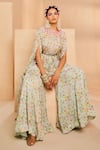 Buy_Aneesh Agarwaal_Blue Chiffon Sequins Round Neck Floral Print Kaftan And Sharara Set _Online_at_Aza_Fashions