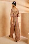 Shop Aneesh Agarwaal Multi Color Crepe Beads, Embroidery V-neck Striped Print Jumpsuit With Belt at Aza Fashions Shop_Aneesh Agarwaal_Multi Color Crepe Beads, Embroidery V-neck Striped Print Jumpsuit With Belt _at_Aza_Fashions